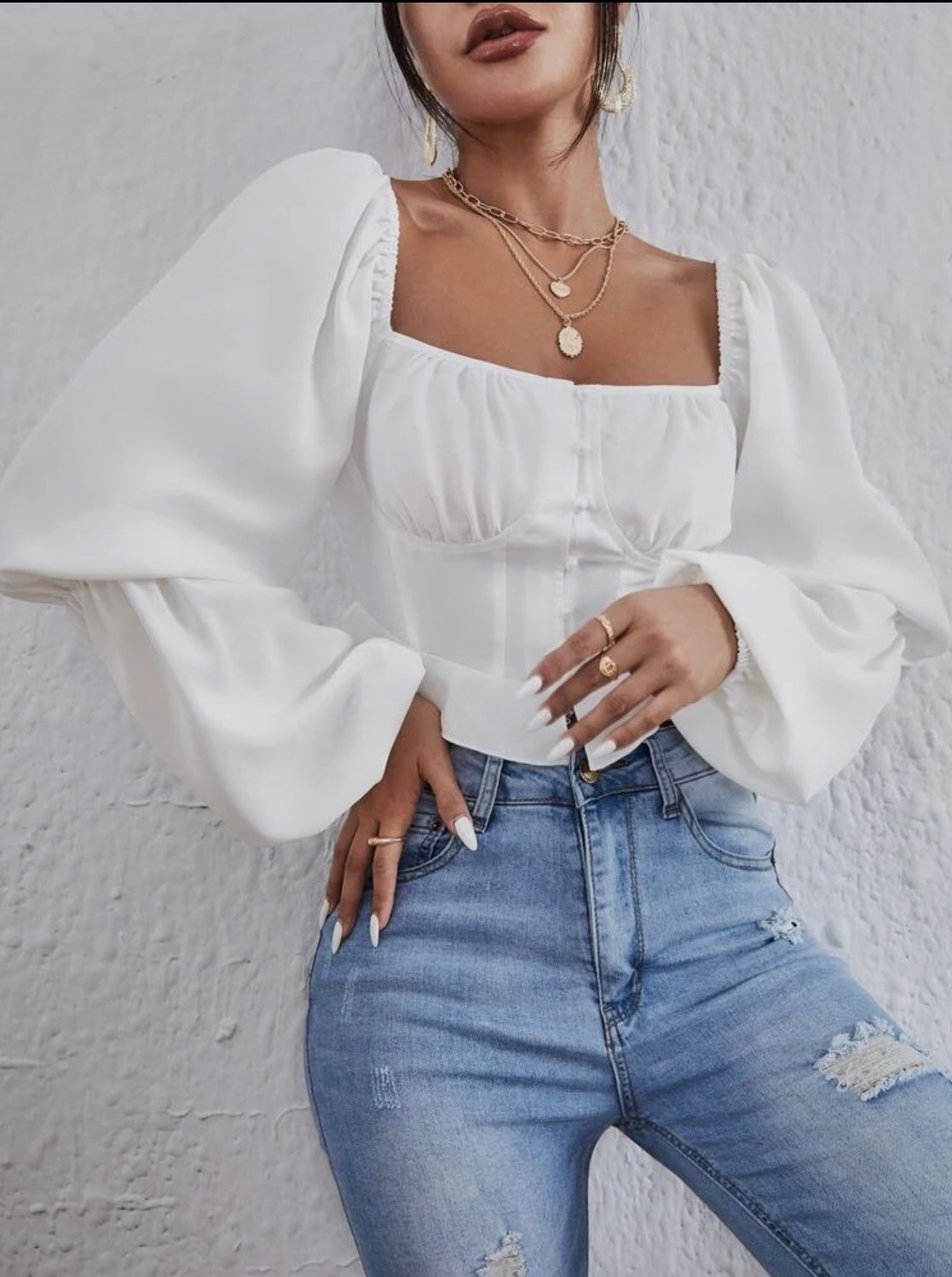 Lantern Sleeve Crop Blouse