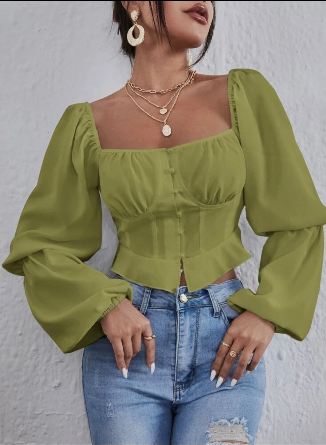 Lantern Sleeve Crop Blouse