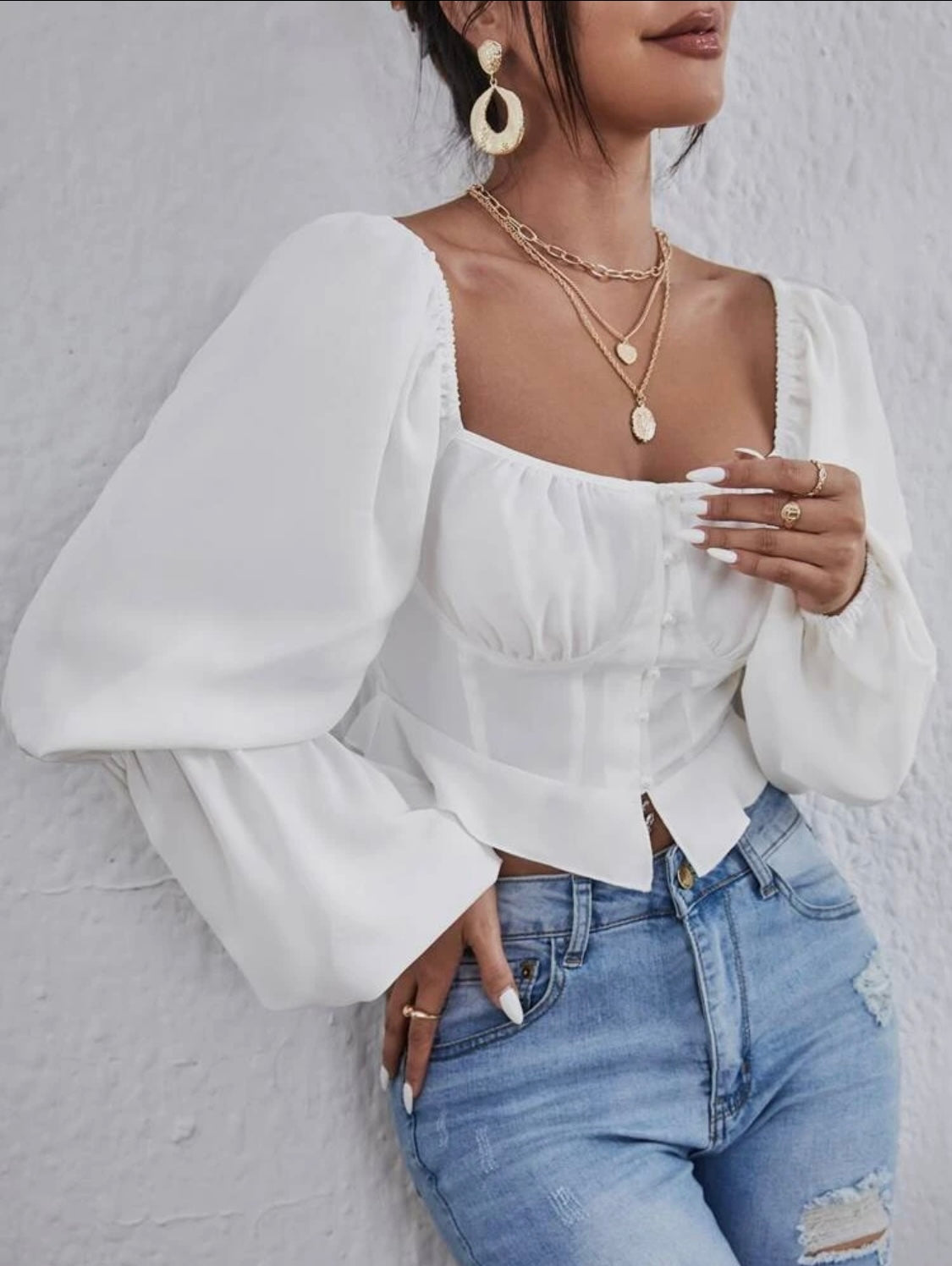 Lantern Sleeve Crop Blouse